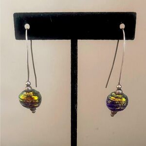 Artisan Gold/Purple Glass Bead 925 Sterling Silver Threaded Earrings, 2" Drop
